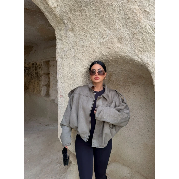 Haki Süet Oversize Bomber Mont