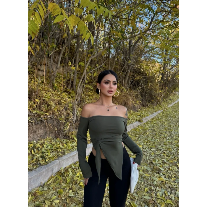 Haki Yandan Büzgülü Straplez Crop