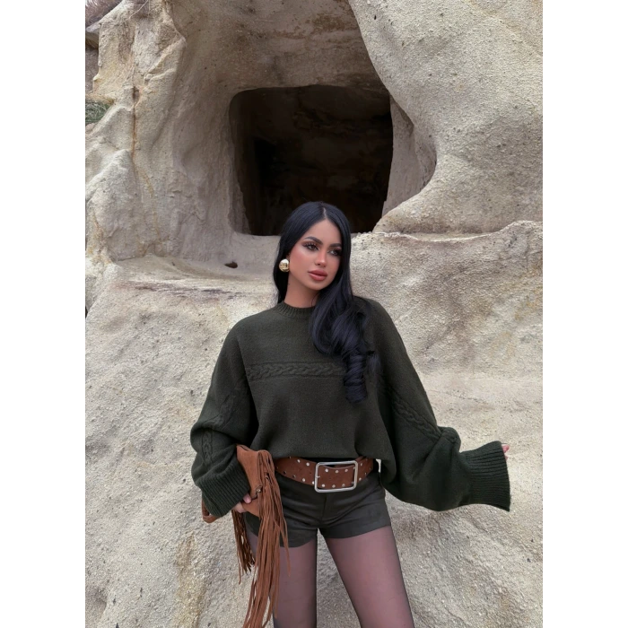 Haki Yarasa Kol Örgü Detay Kazak