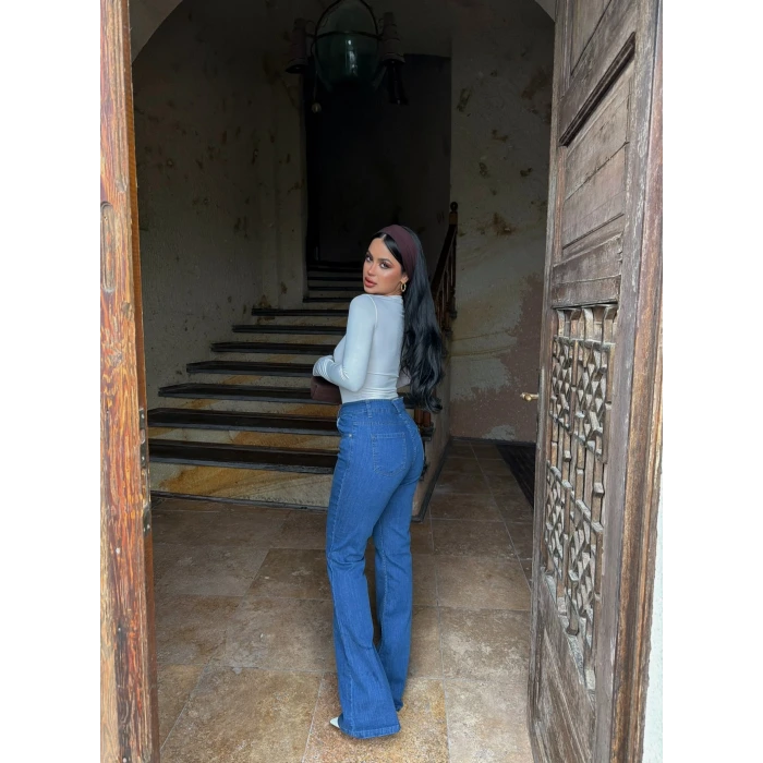 İndigo Yüksek Bel Likralı İspanyol Pantolon