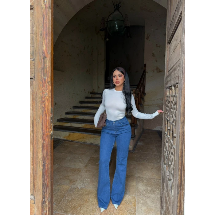 İndigo Yüksek Bel Likralı İspanyol Pantolon