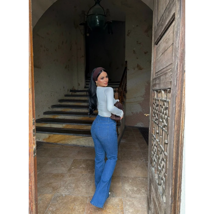 İndigo Yüksek Bel Likralı İspanyol Pantolon