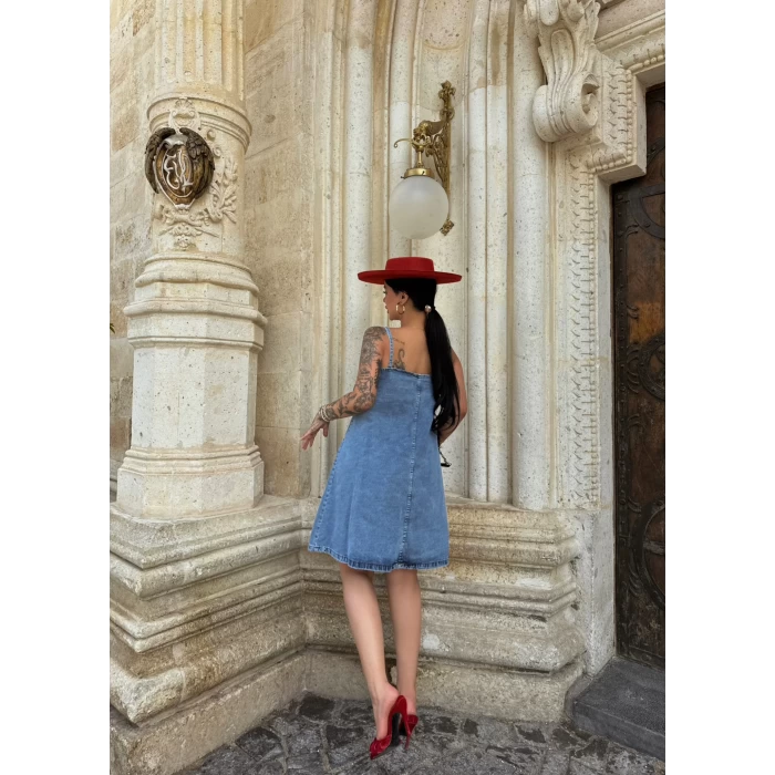 İp Askılı Denim Elbise