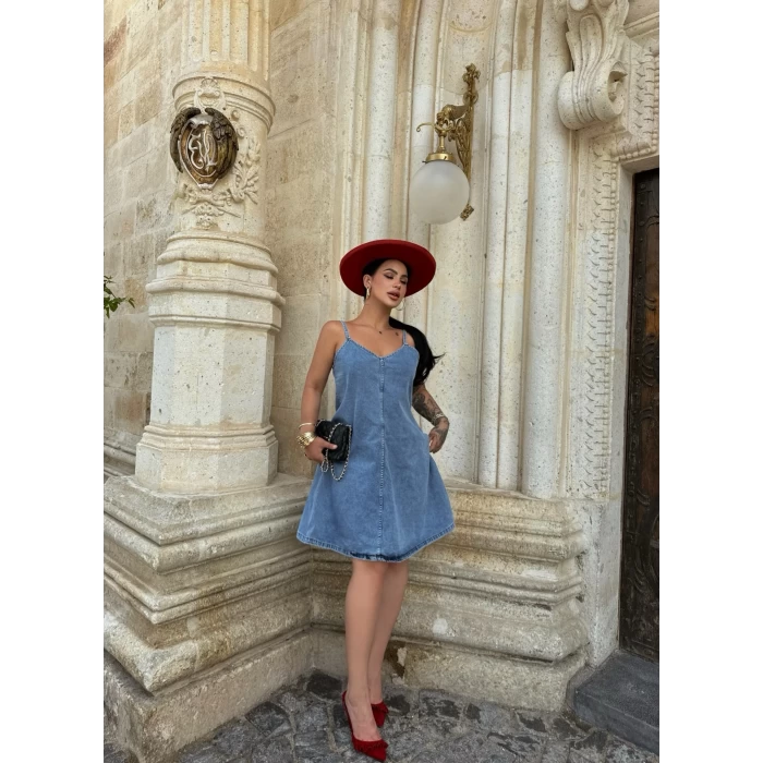 İp Askılı Denim Elbise