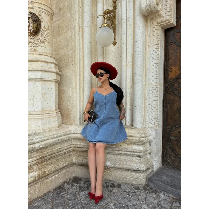İp Askılı Denim Elbise