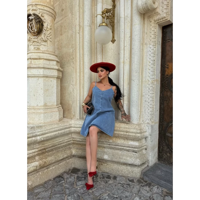İp Askılı Denim Elbise