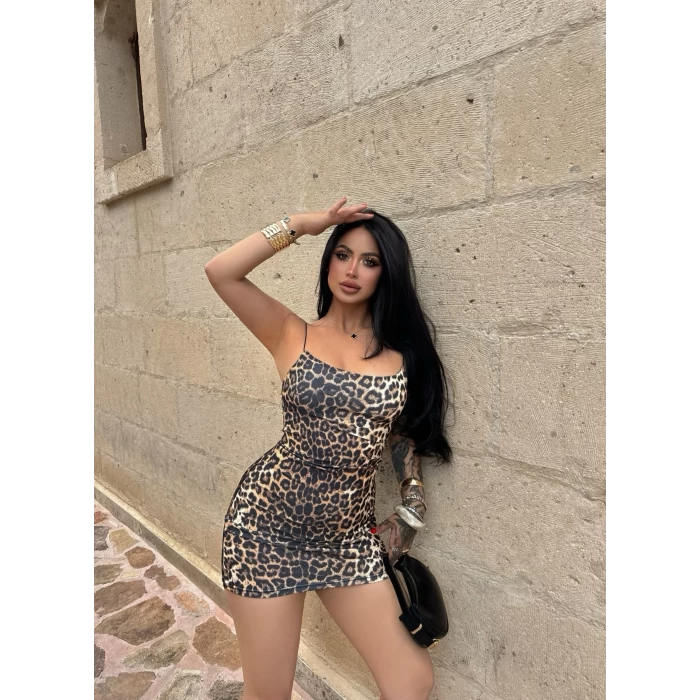 İp Askılı Leopar Mini Elbise