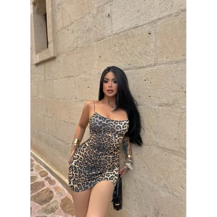 İp Askılı Leopar Mini Elbise
