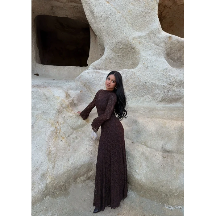 Kahve Astarlı Maxi Dantel Elbise