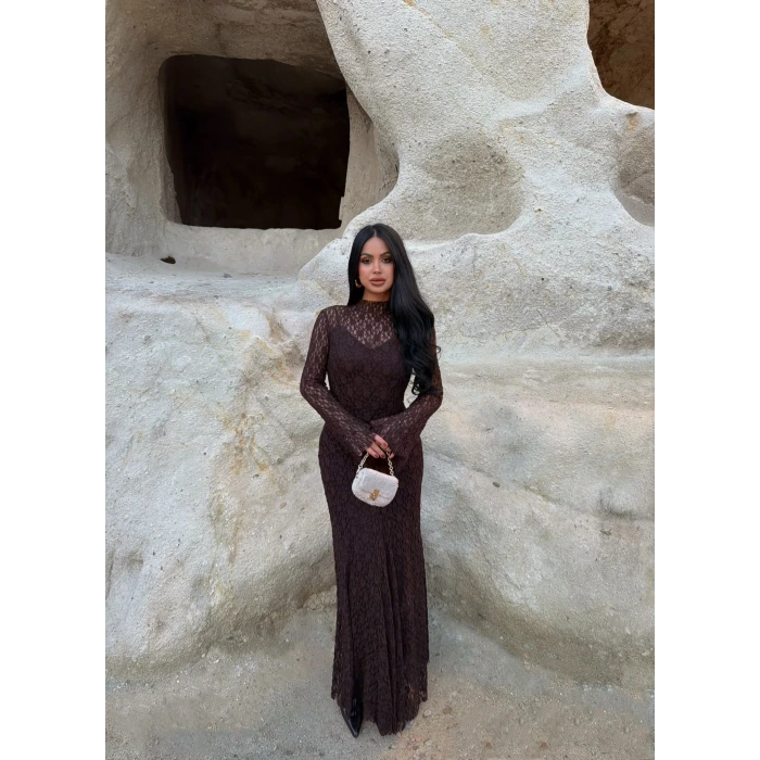Kahve Astarlı Maxi Dantel Elbise