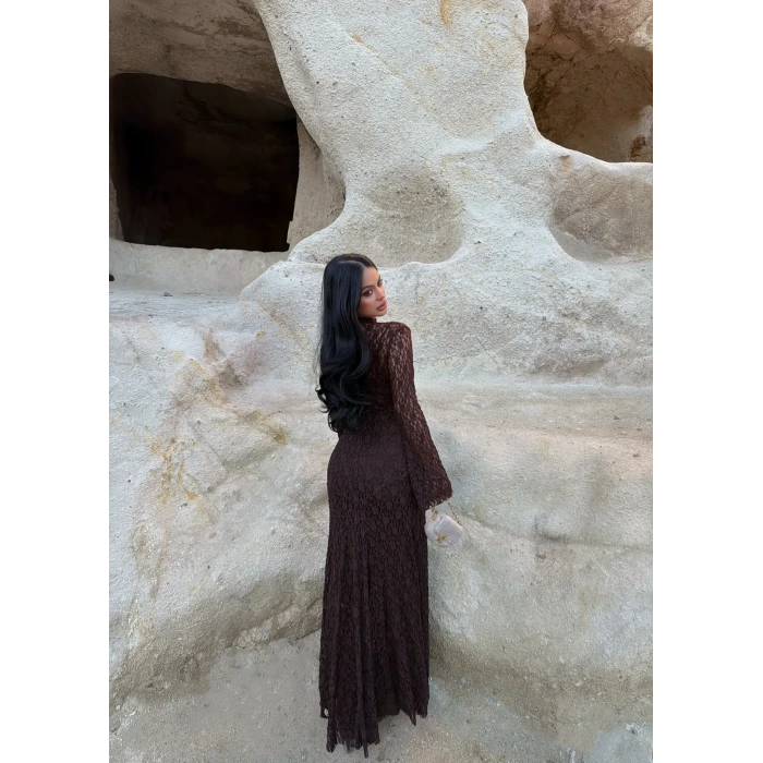 Kahve Astarlı Maxi Dantel Elbise