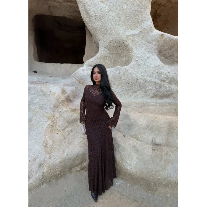 Kahve Astarlı Maxi Dantel Elbise