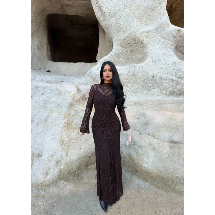Kahve Astarlı Maxi Dantel Elbise