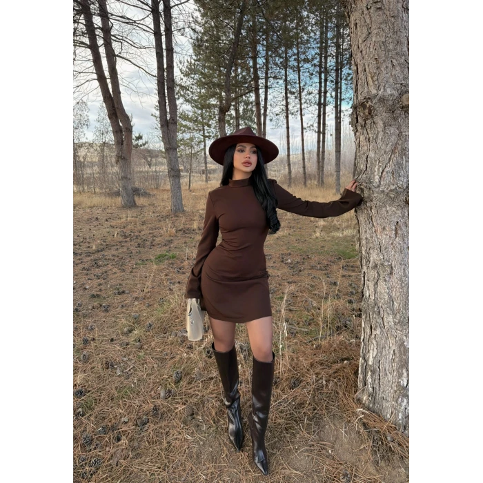 Kahve Balıkçı Yaka Sırt Dekolte Çan Elbise