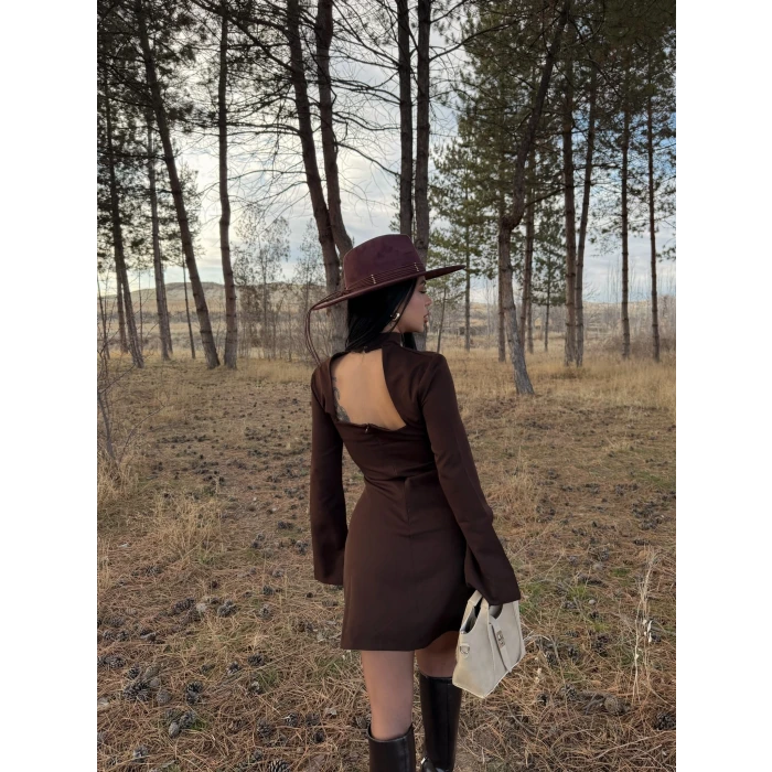 Kahve Balıkçı Yaka Sırt Dekolte Çan Elbise