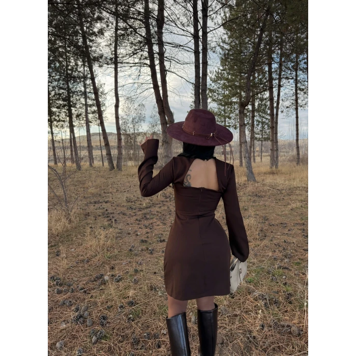 Kahve Balıkçı Yaka Sırt Dekolte Çan Elbise