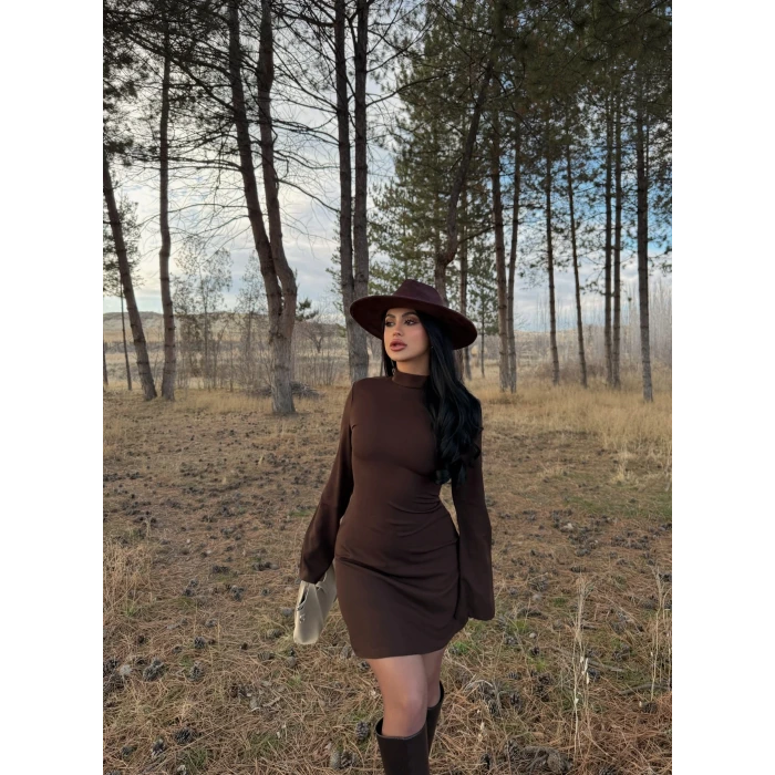 Kahve Balıkçı Yaka Sırt Dekolte Çan Elbise