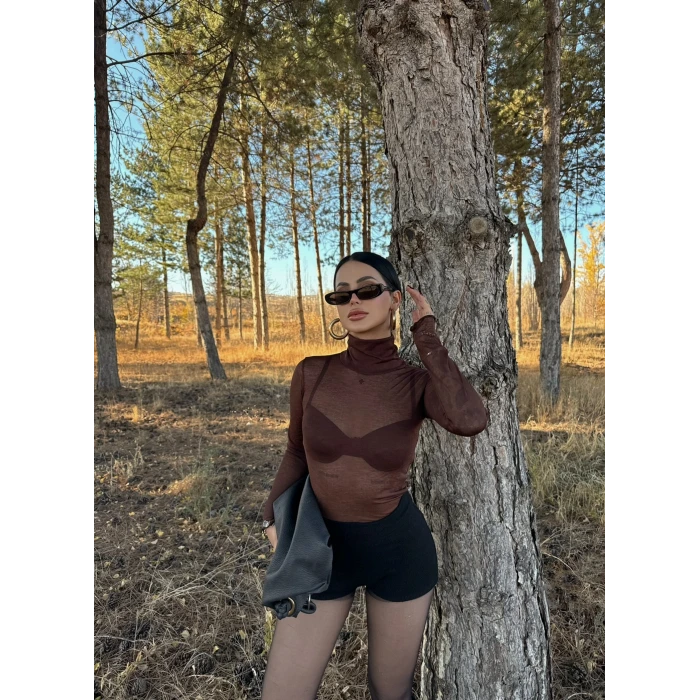 Kahve Balıkçı Yaka Transparan Crop