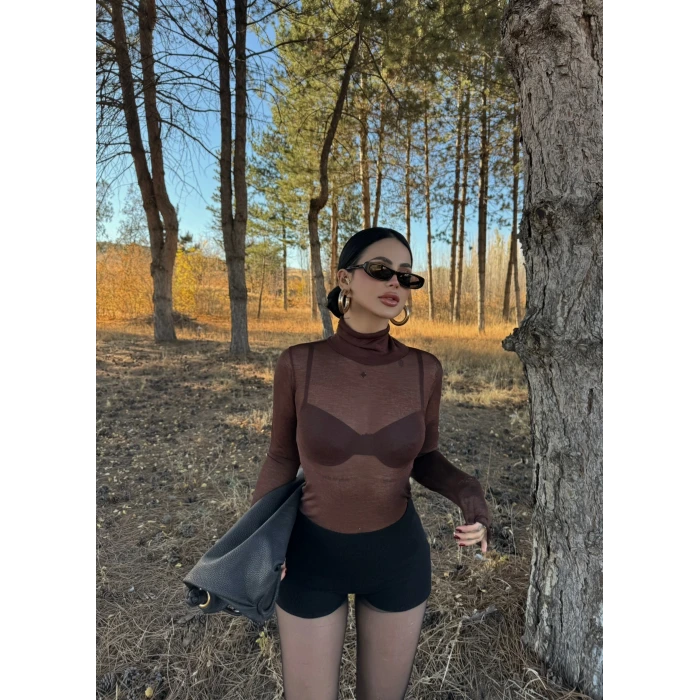 Kahve Balıkçı Yaka Transparan Crop