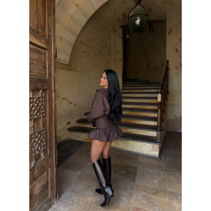 Kahve Balon Etekli Gömlek Elbise