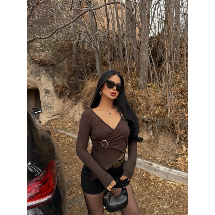 Kahve Bel Tokalı Kruvaze Crop