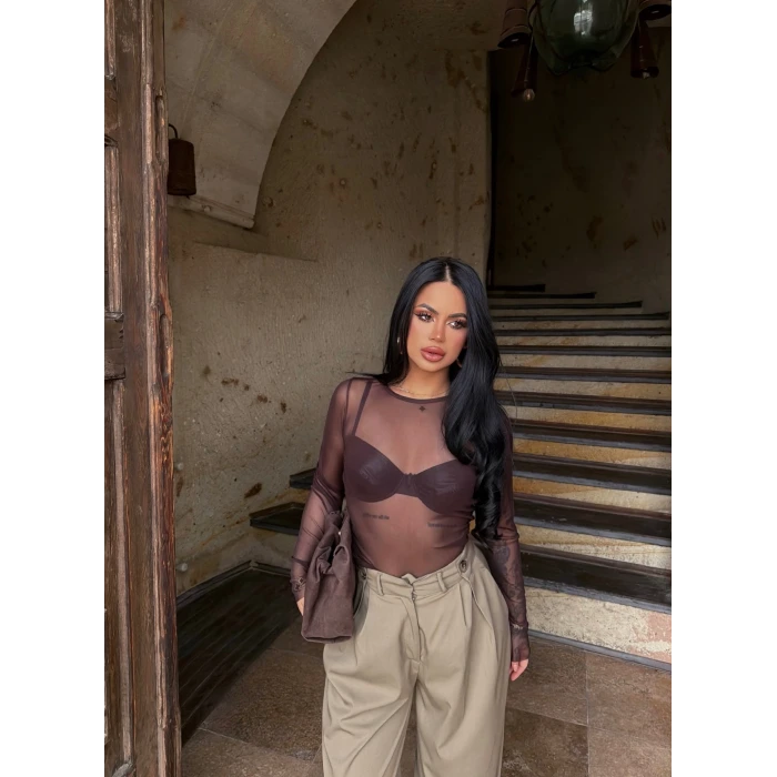 Kahve Bisiklet Yaka Tül Crop