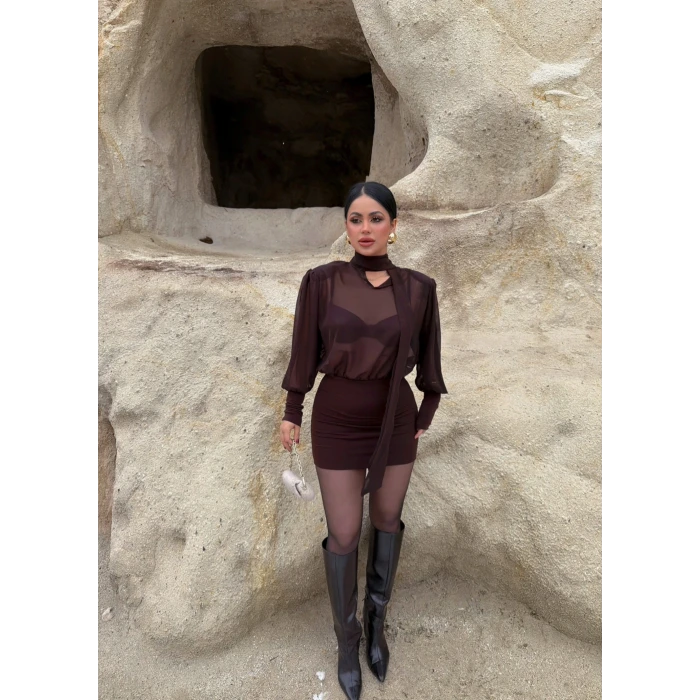 Kahve Boyundan Bağlamalı Şifon Elbise