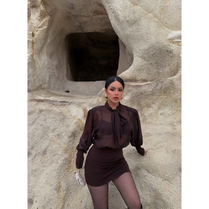 Kahve Boyundan Bağlamalı Şifon Elbise