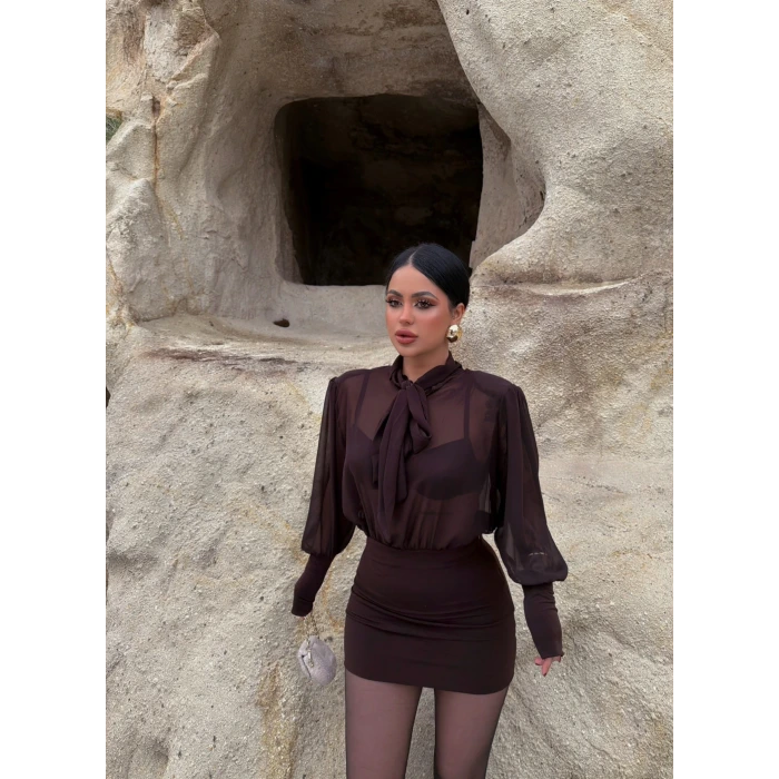 Kahve Boyundan Bağlamalı Şifon Elbise