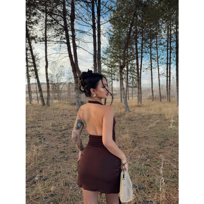 Kahve Boyundan Geçmeli Simli Elbise