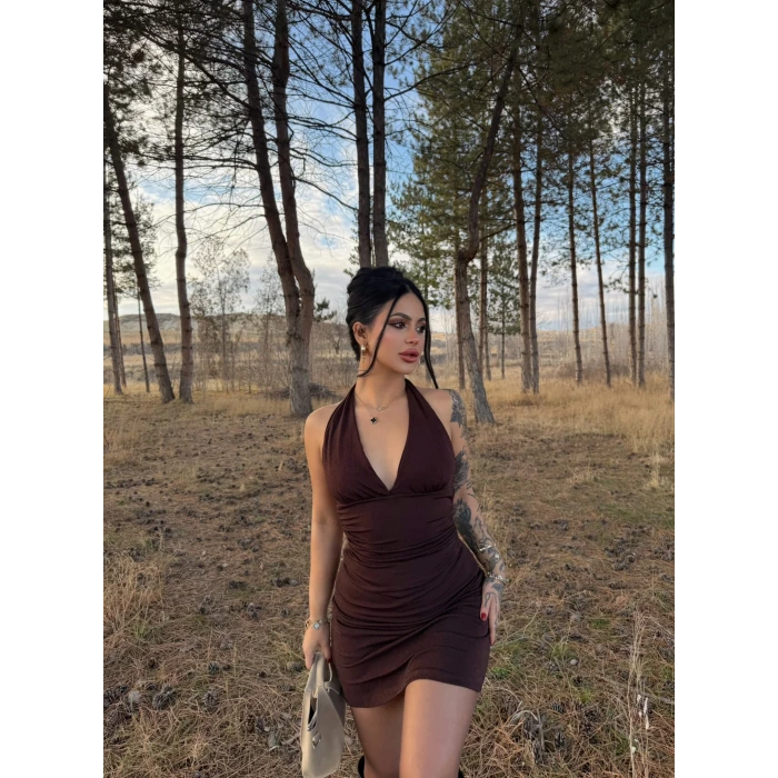 Kahve Boyundan Geçmeli Simli Elbise