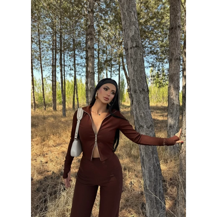 Kahve Çift Fermuarlı Fitilli İkili Takım