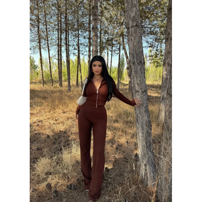 Kahve Çift Fermuarlı Fitilli İkili Takım