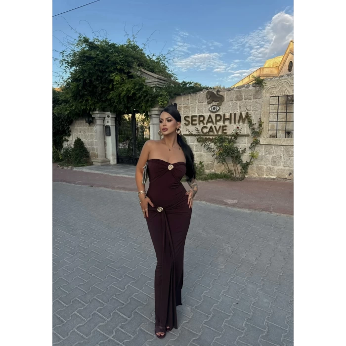 Kahve Çift Tokalı Straplez Maxi Elbise