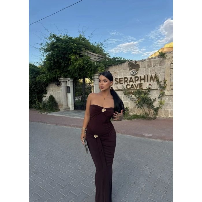 Kahve Çift Tokalı Straplez Maxi Elbise