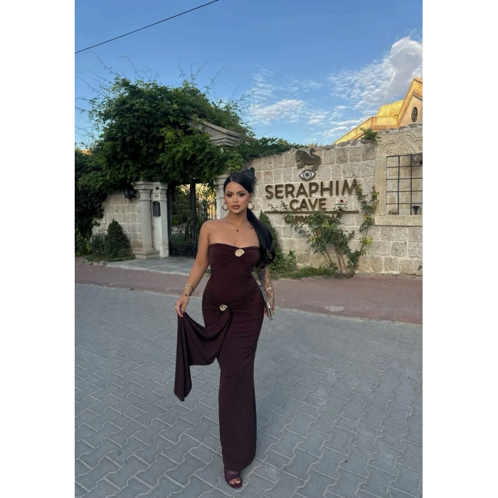 Kahve Çift Tokalı Straplez Maxi Elbise