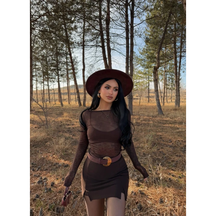 Kahve Çift Yırtmaçlı Şort Etek