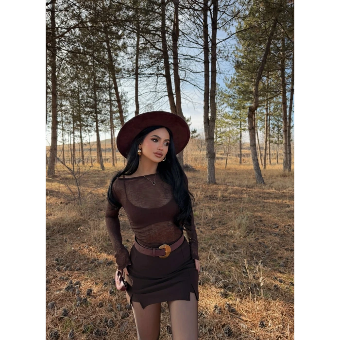 Kahve Çift Yırtmaçlı Şort Etek