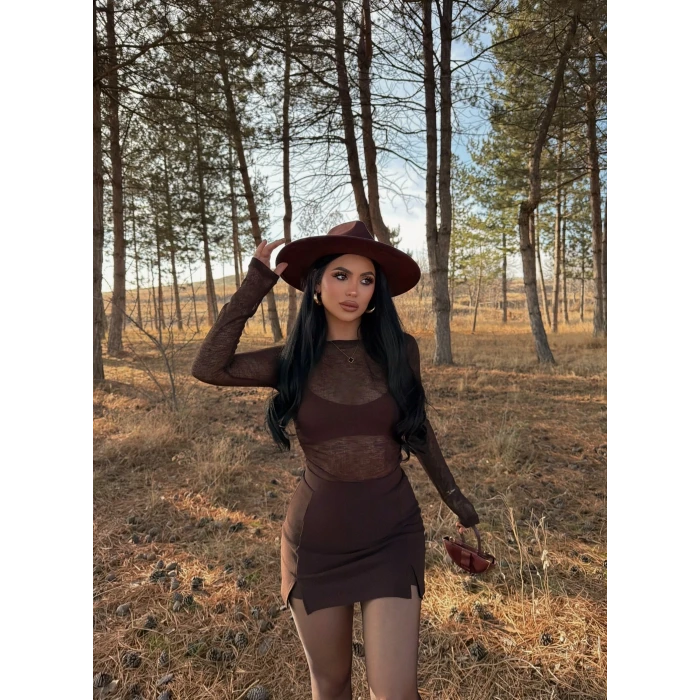 Kahve Çift Yırtmaçlı Şort Etek