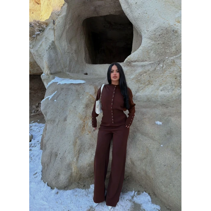 Kahve Çıtçıtlı Triko İkili Takım