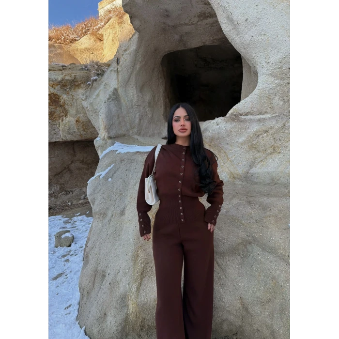 Kahve Çıtçıtlı Triko İkili Takım