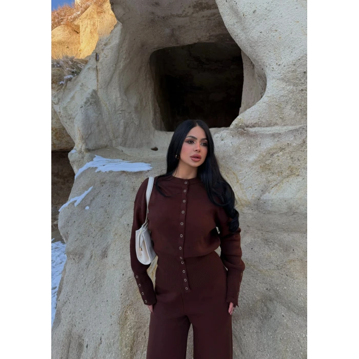 Kahve Çıtçıtlı Triko İkili Takım