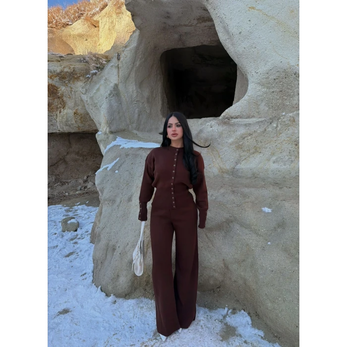 Kahve Çıtçıtlı Triko İkili Takım