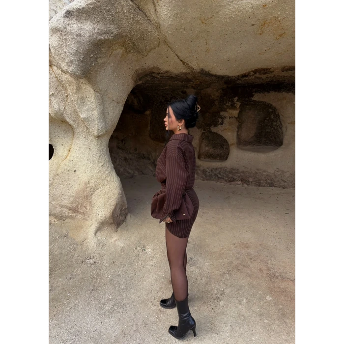 Kahve Çizgili Gömlek Elbise