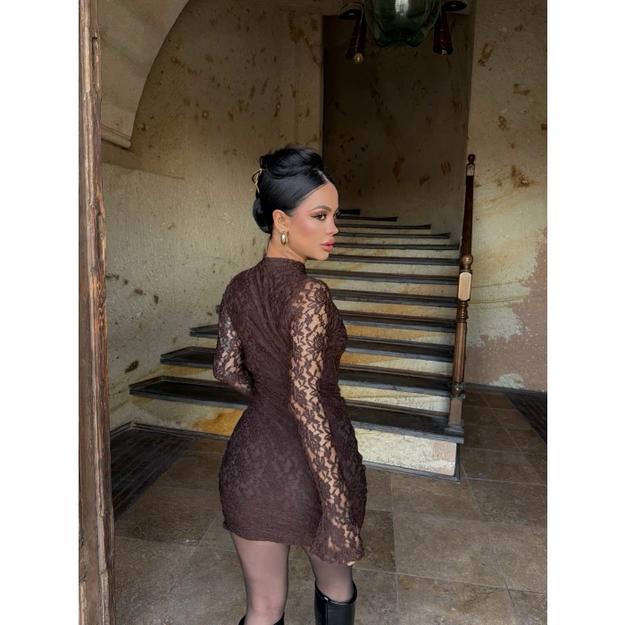 Kahve Damla Yaka Dantel Detay Elbise