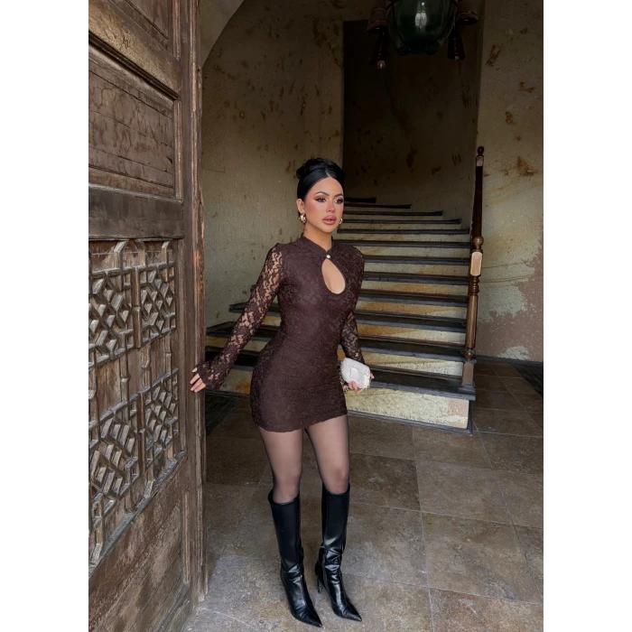 Kahve Damla Yaka Dantel Detay Elbise