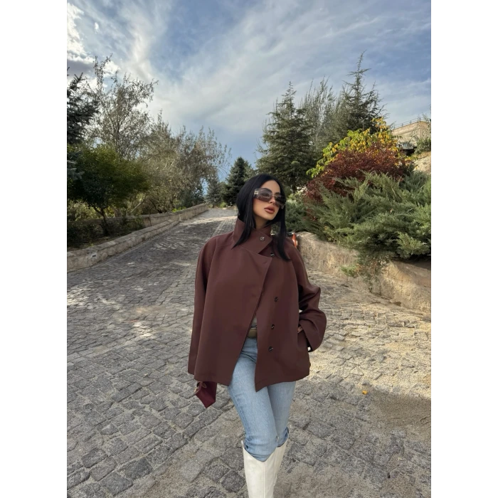 Kahve Dik Yaka Trençkot