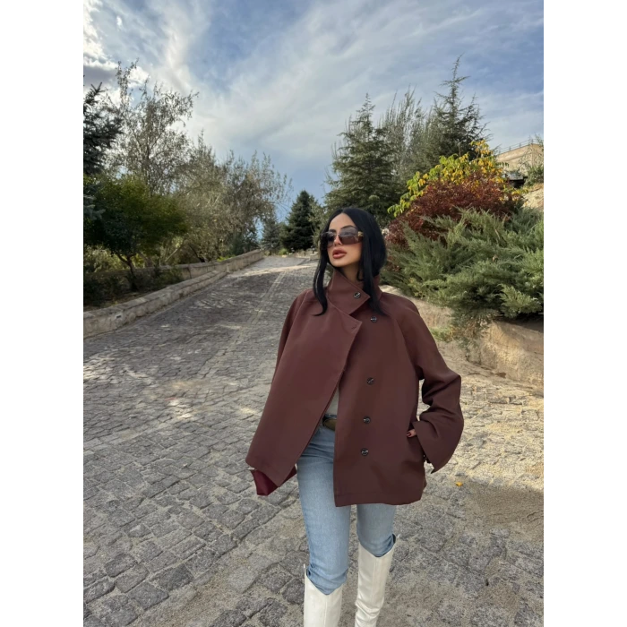Kahve Dik Yaka Trençkot
