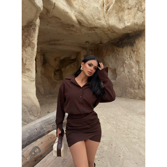 Kahve Double Gömlek Elbise