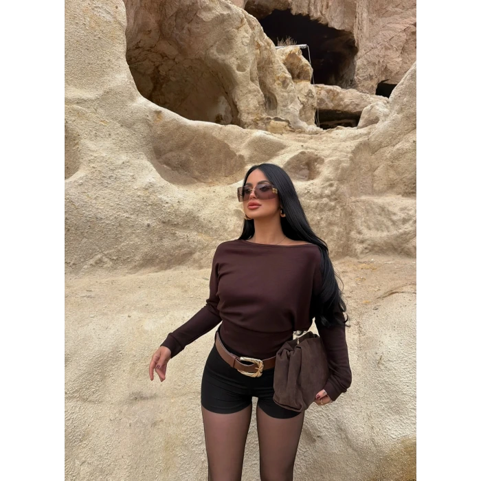 Kahve Düşük Omuz Korseli Sweat